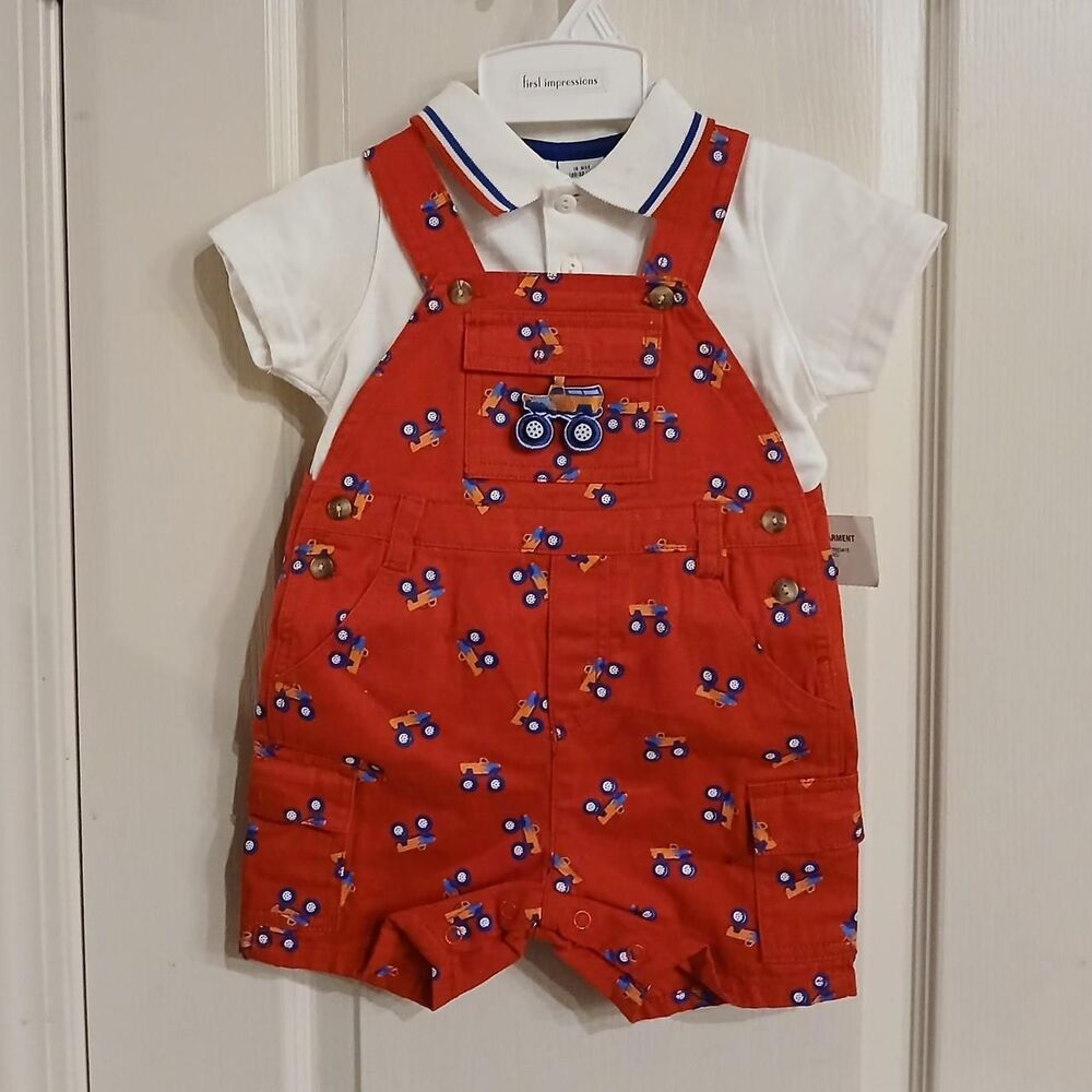 NWT Y2K vintage red monster truck bib cargo overalls matching polo shirt 12 mo